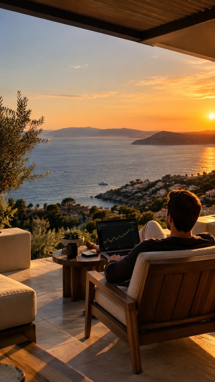 Trader reviewing live charts at sunset
